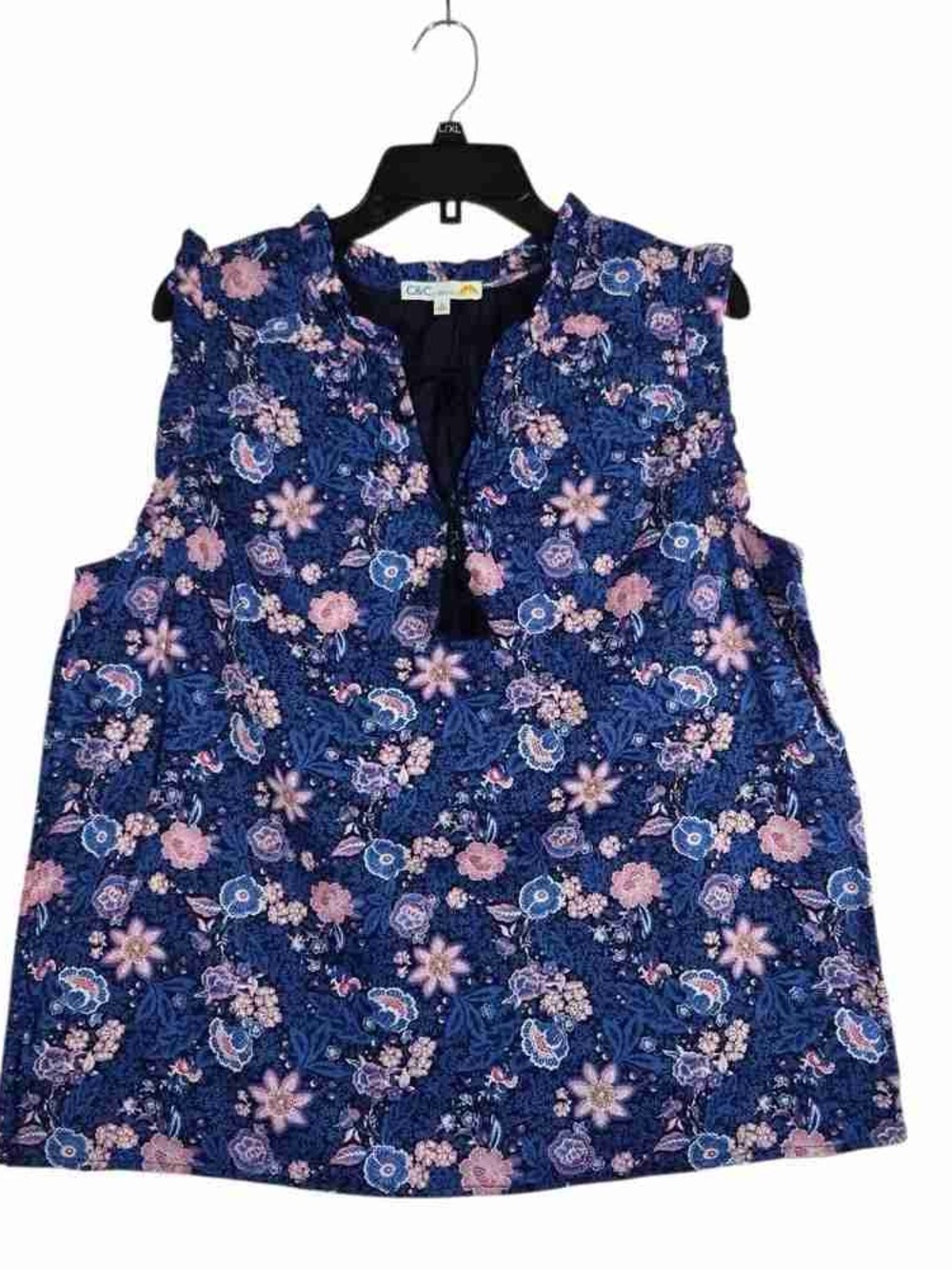 Chico's Navy Blue Floral Ruffle-Sleeve V-Notch Camisole